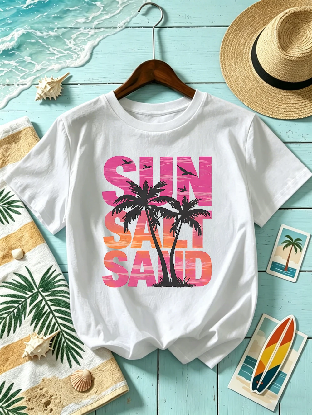 Sun Salt Sand Coconut Tree  Prints T-Shirts Womens Cotton Summer Short Sleeve T Shirt O-Neck Oversized Tops Basic Soft Clothes