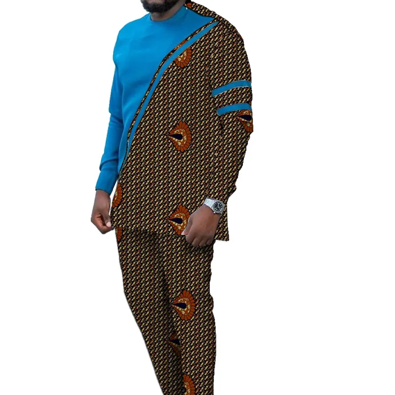 NigWin Styles-Haut patchwork imprimé bleu et avertissement pour hommes, chemises avec pantalons, vêtements de fête de mariage pour hommes, mode africaine