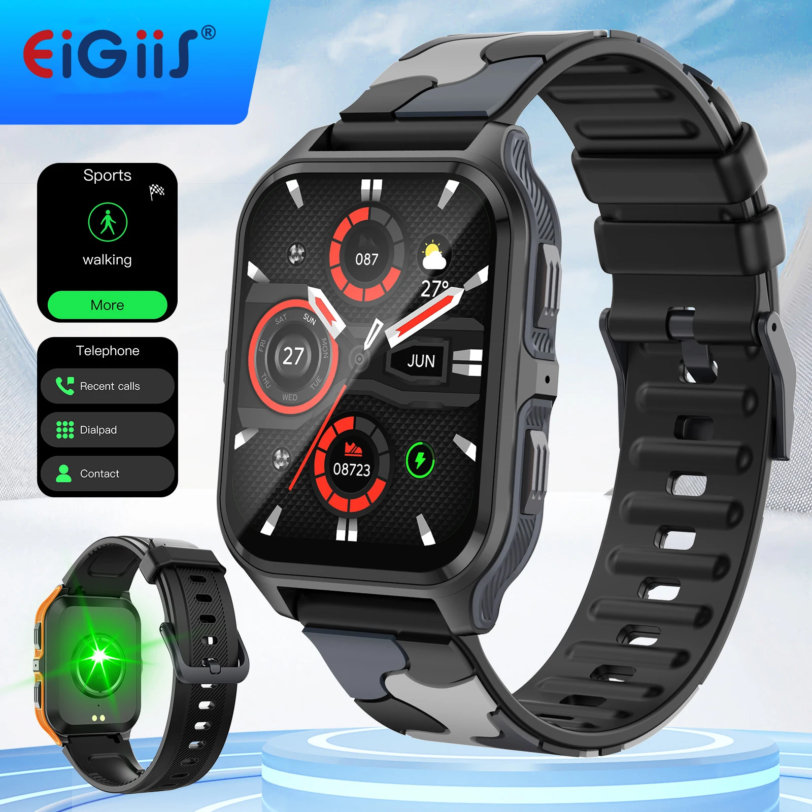 EIGIIS الساعات الذكية للرجال 3ATM مقاوم للماء وعرة التكتيكية Smartwatch 1.83 "متتبع اللياقة البدنية في الهواء الطلق ساعة معدل ضربات القلب/النوم