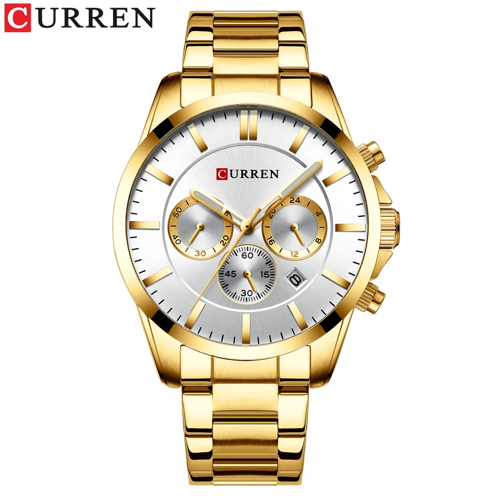 Fashion Curren Top Brand 8358 Luxury Coffee Gold Full Stainless Steel Men's Quartz Business Chronograph Sports Military Watches