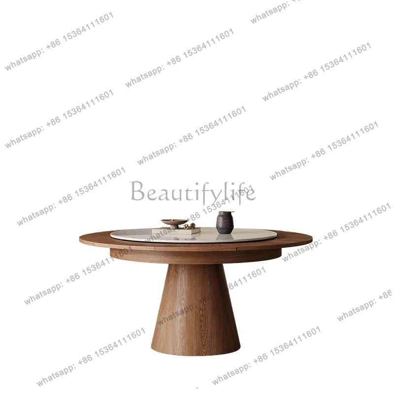 Rotating and retractable dining table Round wabi wind solid wood rock slab with turntable ash wood