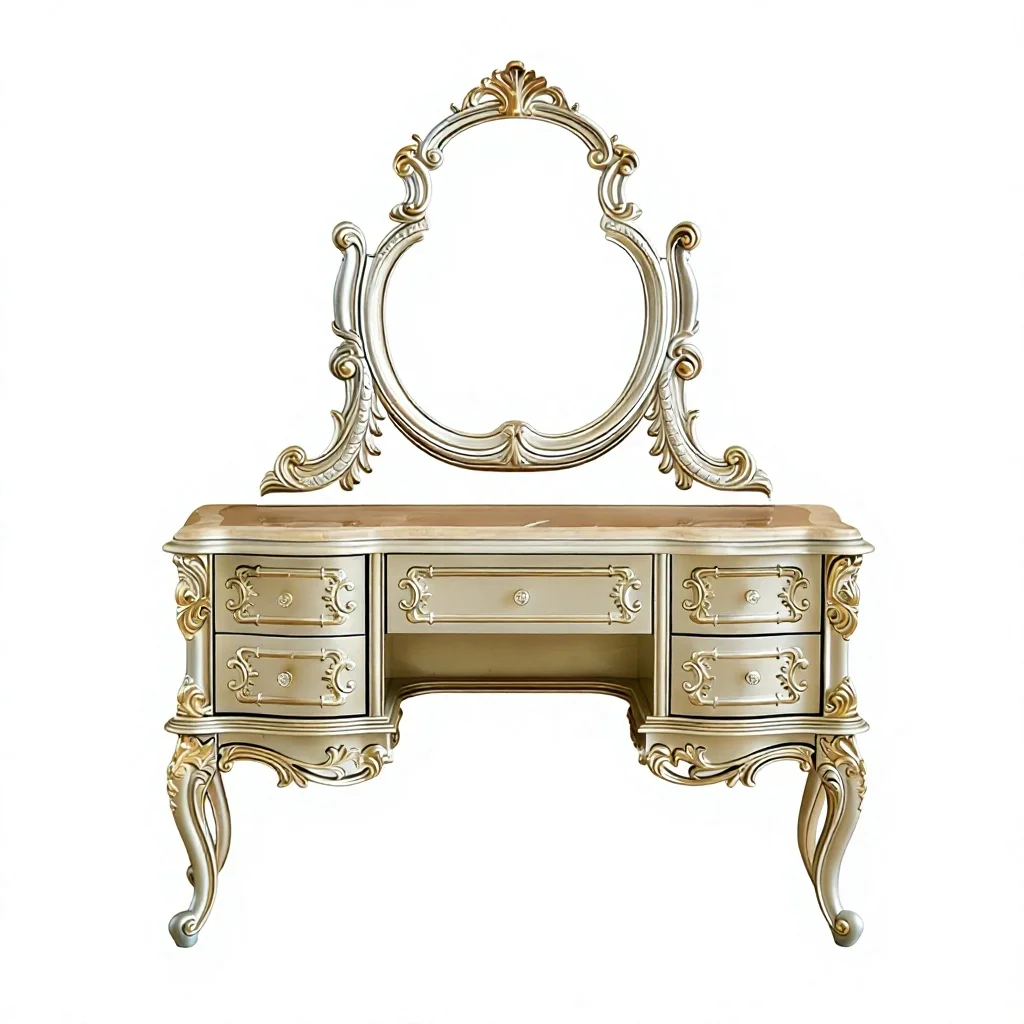 European-style Dressing Table Bedroom Mirror Stool French-inspired Vintage Solid Wood Carved Details 13 Meters Long Five Drawers