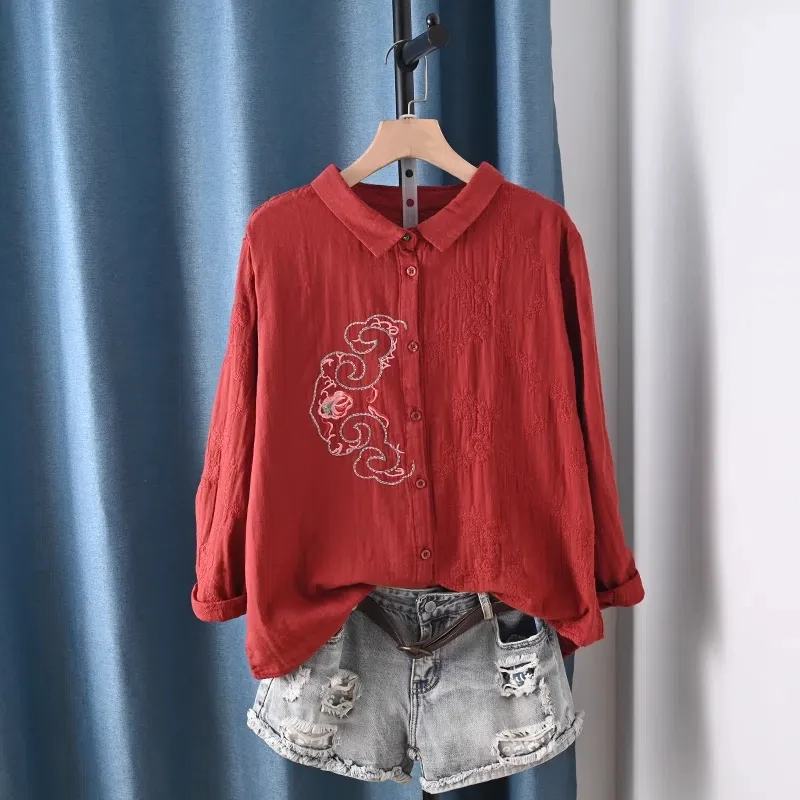 

2025 Vintage clothing 100% cotton yarn red green blue white embroider shirts long sleeve blouses for women ethnic tops