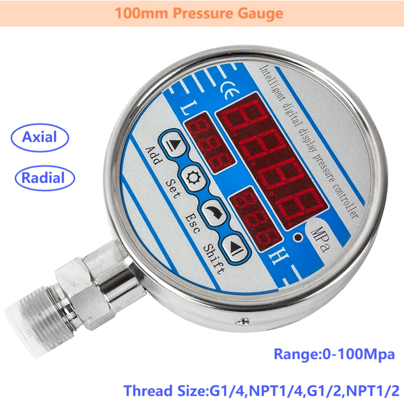 16Mpa/25Mpa/40Mpa/60Mpa Hydraulic Pressure Gauge 100mm Dial NPT1/4 Axial 0.5%FS Accuracy Digital Pressure Measurement