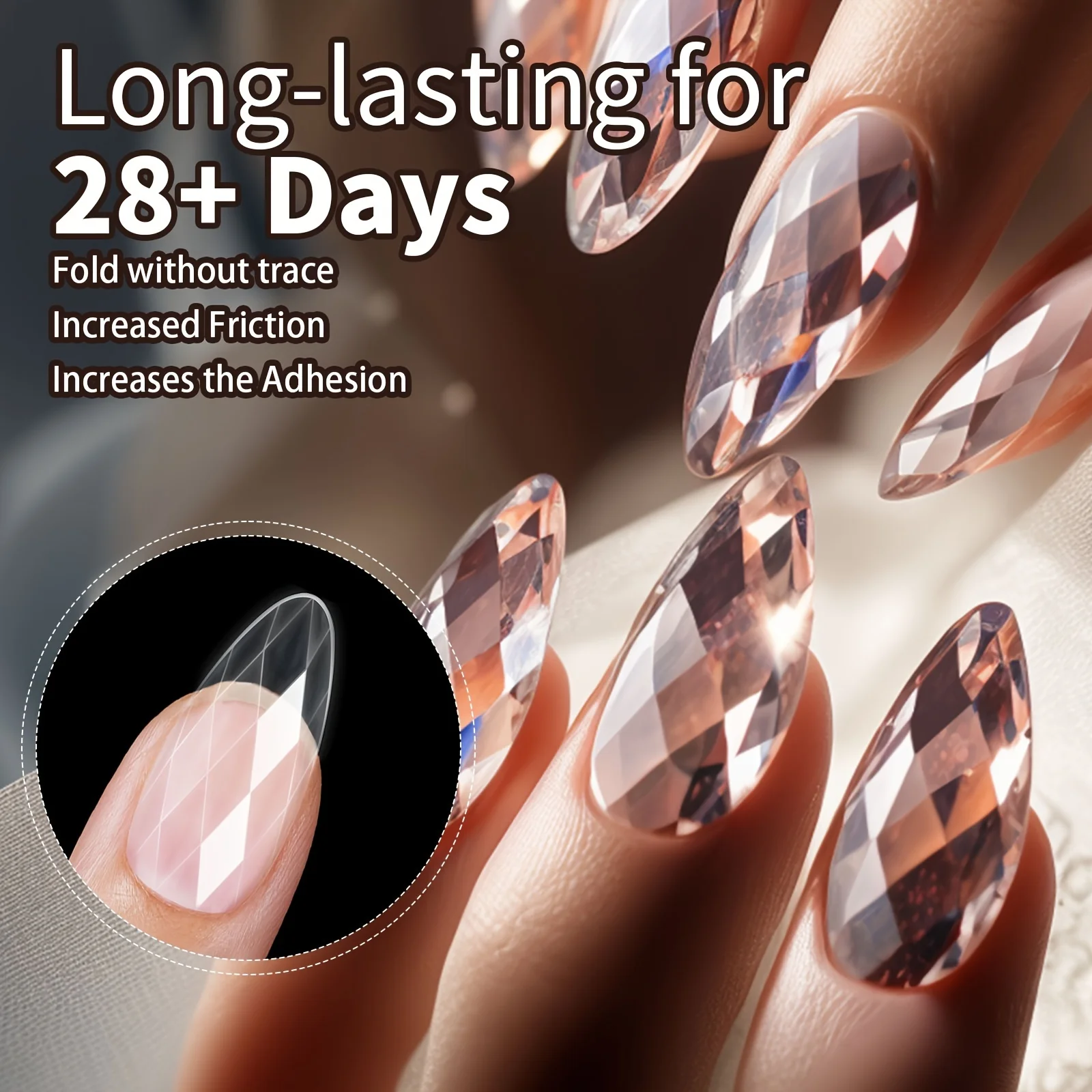 Transparent Press-On Nails, 3D Diamond Shape, Almond Cut, Frosted Finish, Square Oval Design Full Coverage Ballet Style Manicure