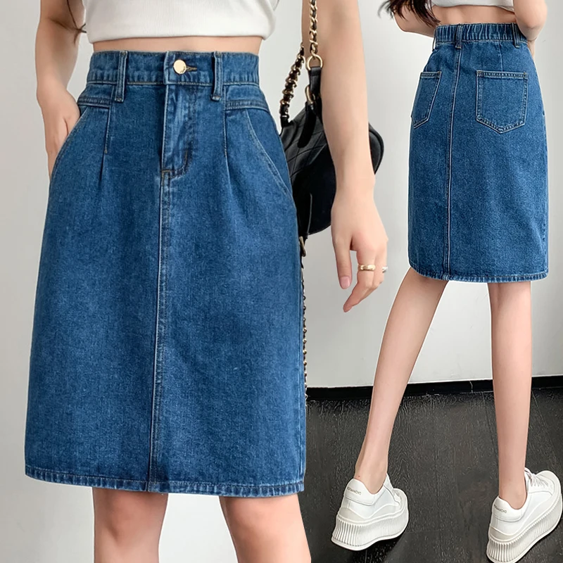 New Korean Fashion Sexy Splicing Fold Woman Skirts Womens Medium-long Jean Skirt  Casual Female Girls Denim Skirt Dropshipping