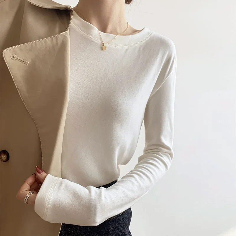 MRMT 2024 Brand New Women's Double-Sided German Velvet Base Shirt With Brushed Long Sleeves Velvet White Round Neck