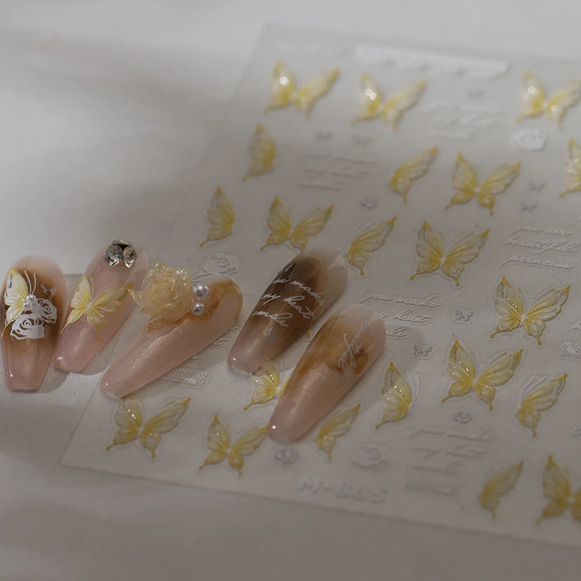 노란 나비 장미 꽃 레이스 점진적 날개 매력적인 로맨틱 젤리 동백 자기 접착제 네일 아트 스티커 매니큐어 데칼