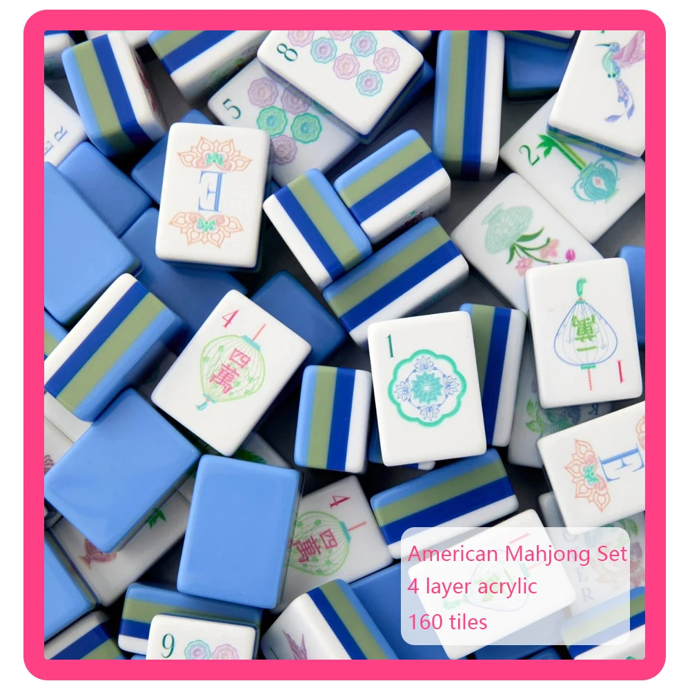4 Layer Acrylic Mahjong Tiles Luxury EngravedBlue American Mahjong Sets Portable MahJong Set for Board Game Gifts