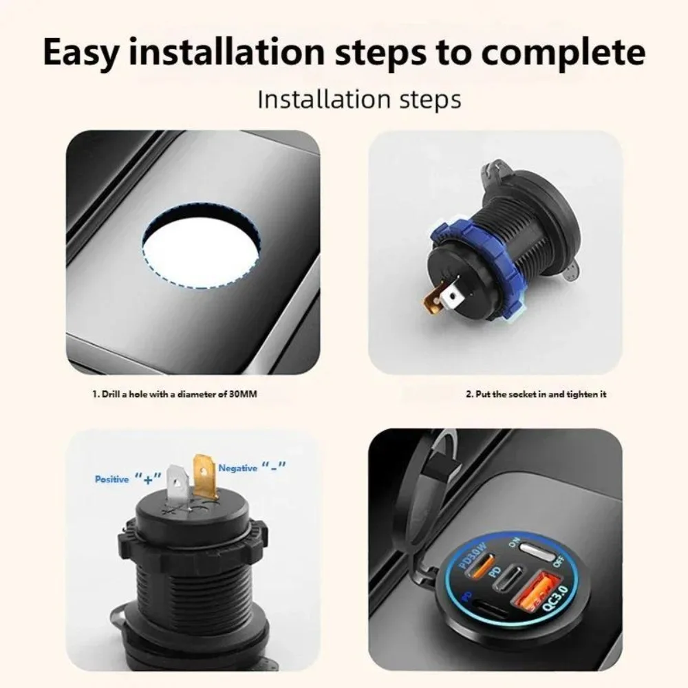 83W PD QC3.0 4-Port Car Charger Socket with ON-OFF Switch, 12-24V Universal Type-C USB Fast Charger for Motorcycle Truck RV Boat - view 5