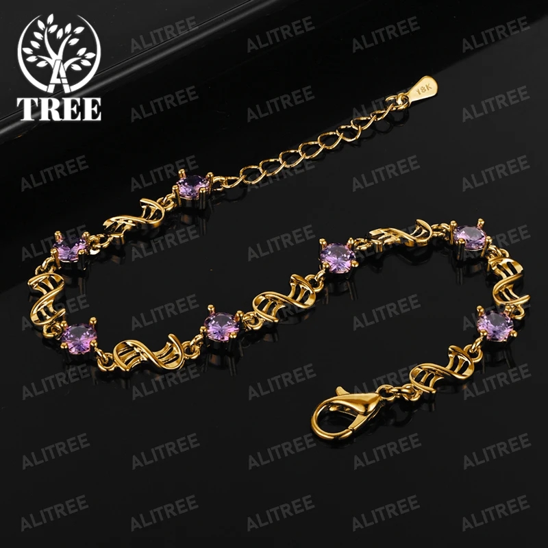 

ALITREE 18K Gold 925 Sterling Silver Amethyst Zircon Chain Bracelets For Woman Party Wedding Fashion Charm Jewelry Birthday Gift