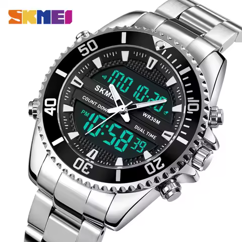 SKMEI Full Steel 3 Time Display Countdown Quartz Digital Sports Watches Mens Back Light Waterproof Wristwatch relogio masculino