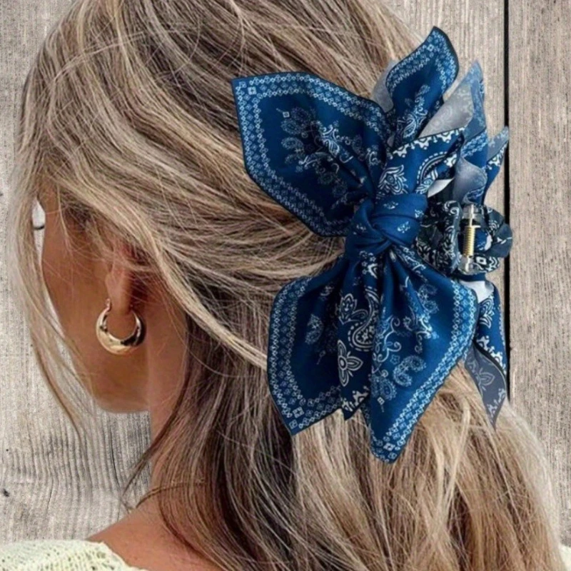 Bohemian Paisley Bow Hair Claw Clips, Minimalist Print Scarf Shark Clips, Back of Casual Head Hair Accessories for Women