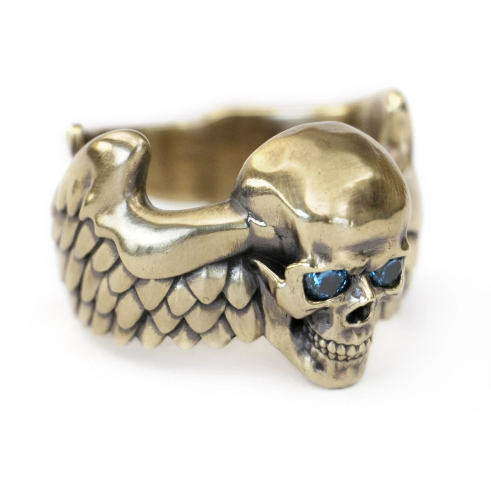 Brass Flying Skulls Wing Blue CZ Eyes Charms Ring Punk Jewelry BR446 US Size 6~15