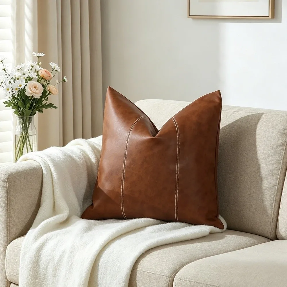 Waterproof PU Leather Throw Pillow Covers Zipper Style Minimalist Patchwork Pillow Cover Wear-resistant Smooth Pillow Case