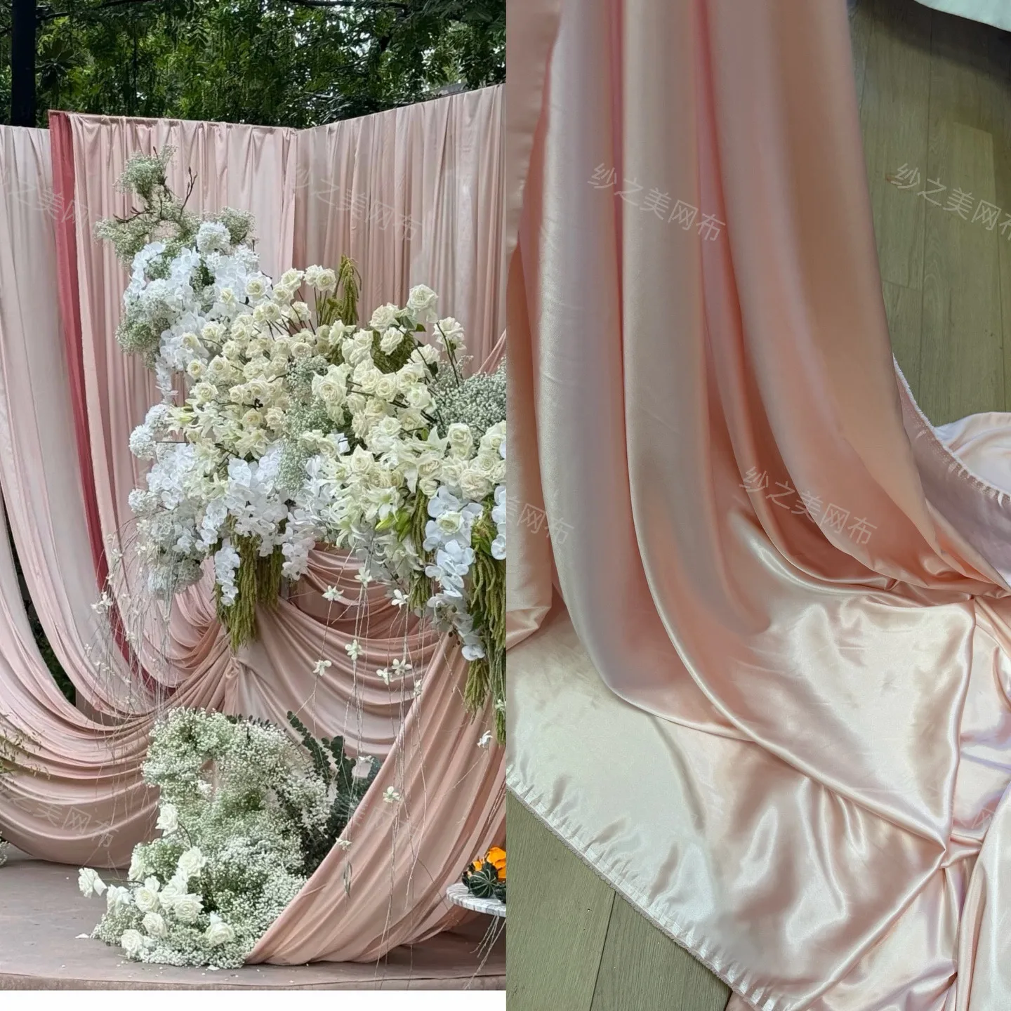 Light Pink Champagne Satin Cloth Draping Fabric for Wedding Background Tablecloth Mixed Fabric
