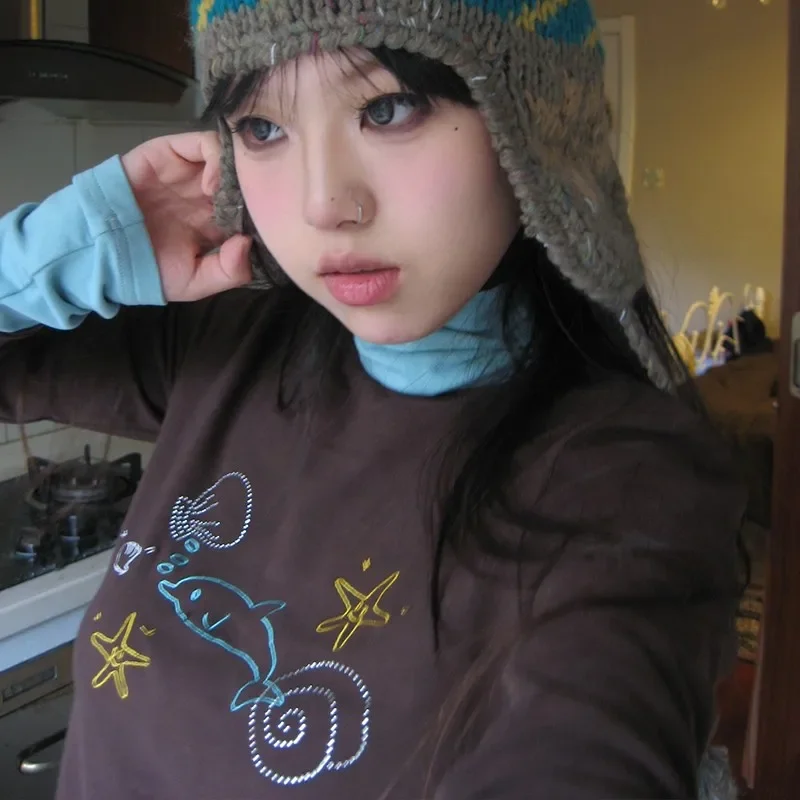 Y2k المحاصيل القمم خمر الماس طباعة كم طويل التي شيرت Harajuku ثقافة فرعية اليابانية Y2k الياقة المدورة تي شيرت جماليات الجرونج