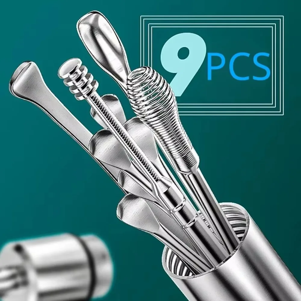 9Pcs/set New 9Pcs/Set Earwax Removal Tools Curette Spoon Easy Carry Ear Wax Cleaner Ear Care Stainless Steel Earpick