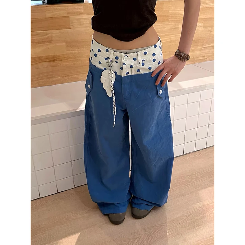 ZHIZOU Women's Baggy Y2k Blue Jeans Harajuku Vintage Denim Trouser Japanese 2000s Style Oversize Dot Jeans Pants Clothes Autumn