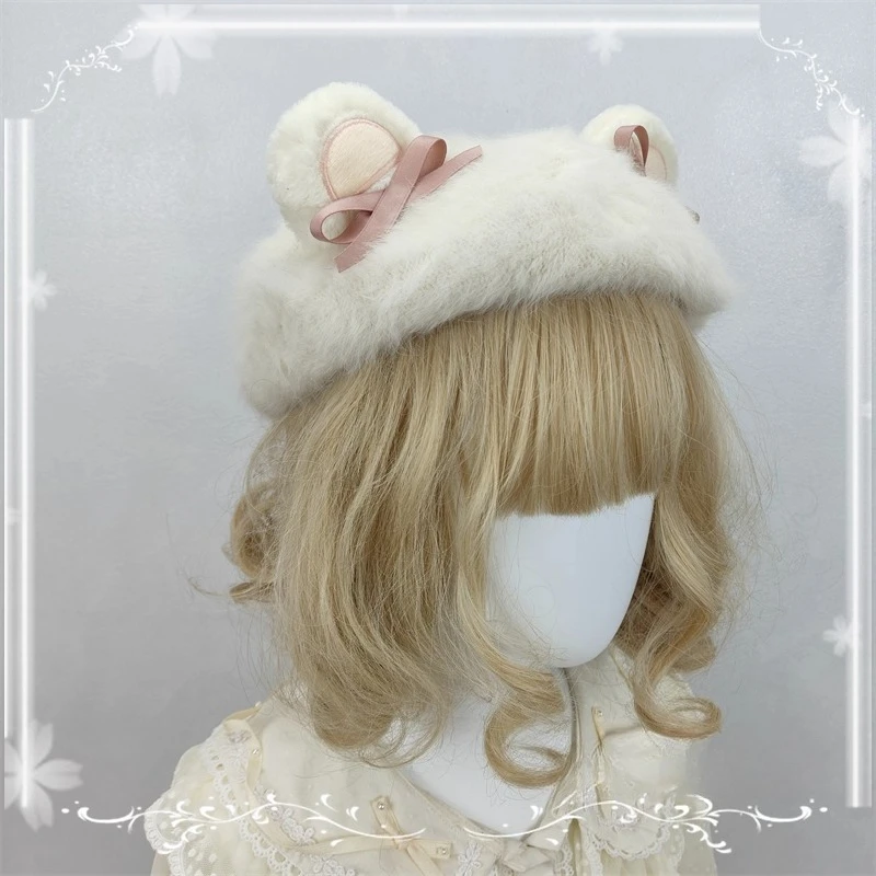 Original design lolita cute soft girl hat plush bear ear Cat's ears (Steamed cat-ear shaped bread) beret autumn and winter hair