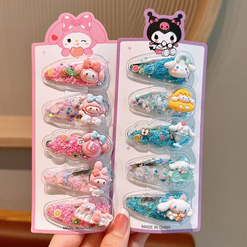 5Pcs Sanrio Kuromi Girls Hairpins Kawaii Cinnamoroll Baby Hairclip Melody Princess Flowing Sand Hair Barrette Sanrio Accessories