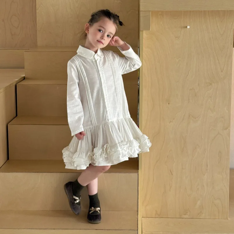 2026 Autumn New Girls' Retro Versatile Long Sleeve Shirt Dress Preppy Style Girls' Turn-down Collar Cake Dress