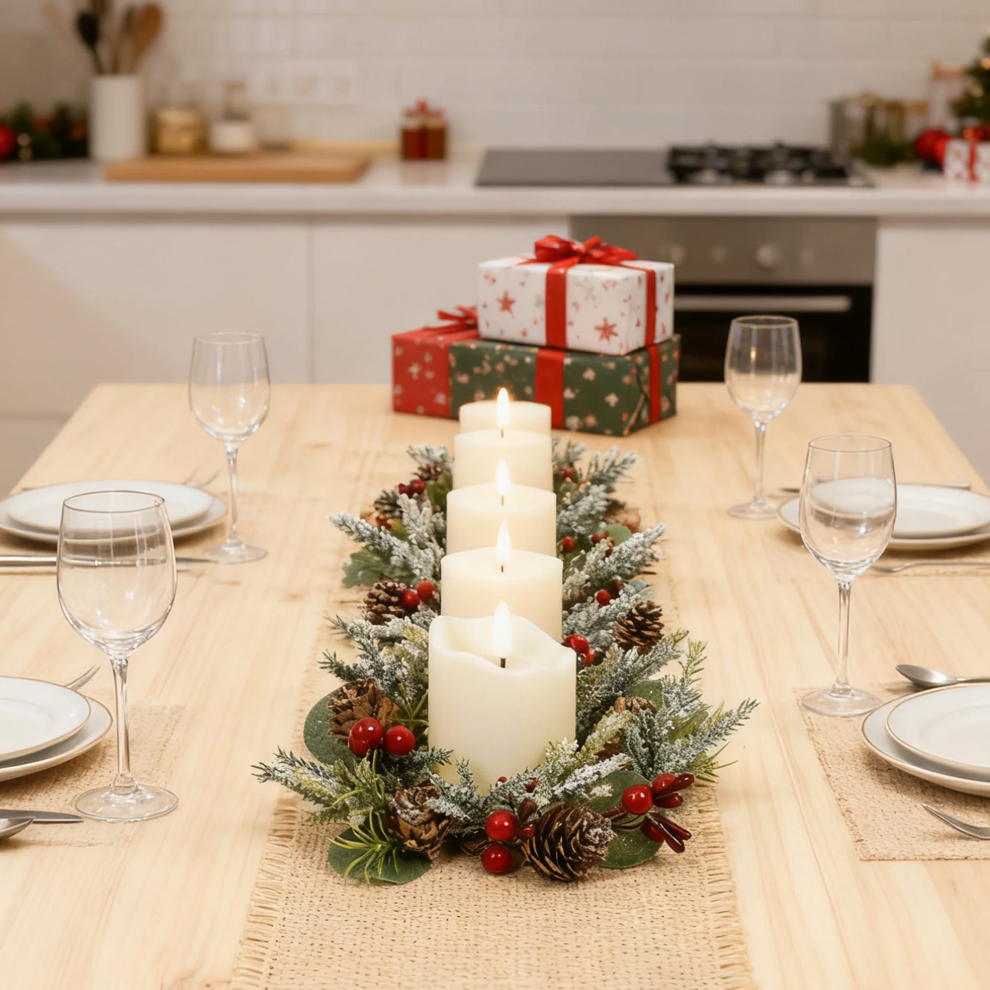 

Christmas Candle Wreaths Set of 6 Red Berries Pinecones Decor LED Candles Included