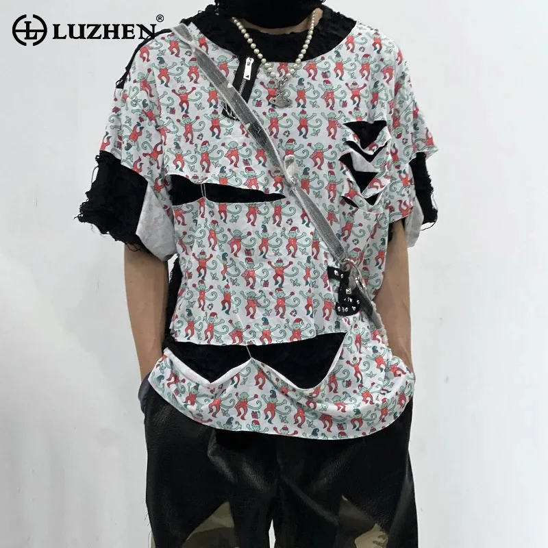 

LUZHEN Fake Two Piece Design Broken Hole Patchwork Printed Short Sleeve T-shirt Men's 2025 Summer Handsome Casual Clothes JY3546