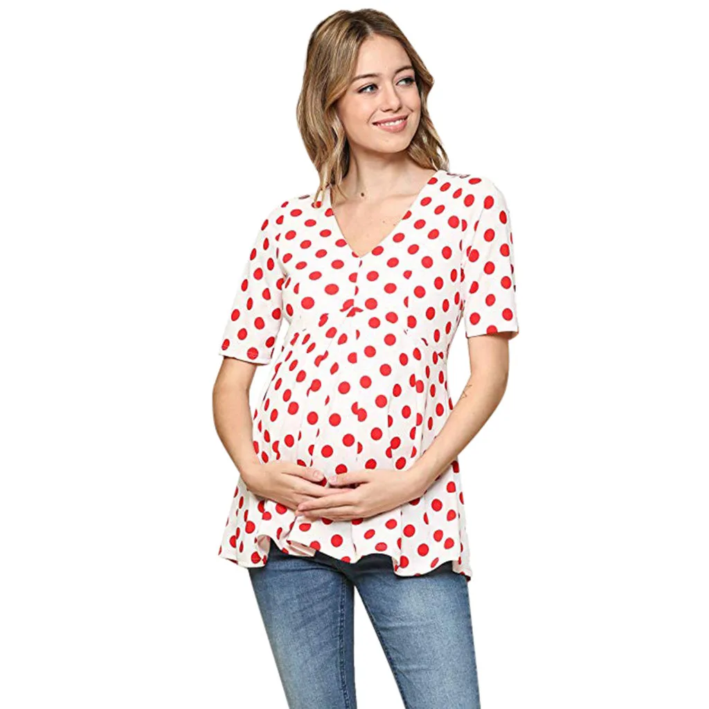 Summer Dress Polka Dot Printed Loose Fashion Short Sleeve Maternity Dresses New Maternity One-Piece Dress Nursing For Women