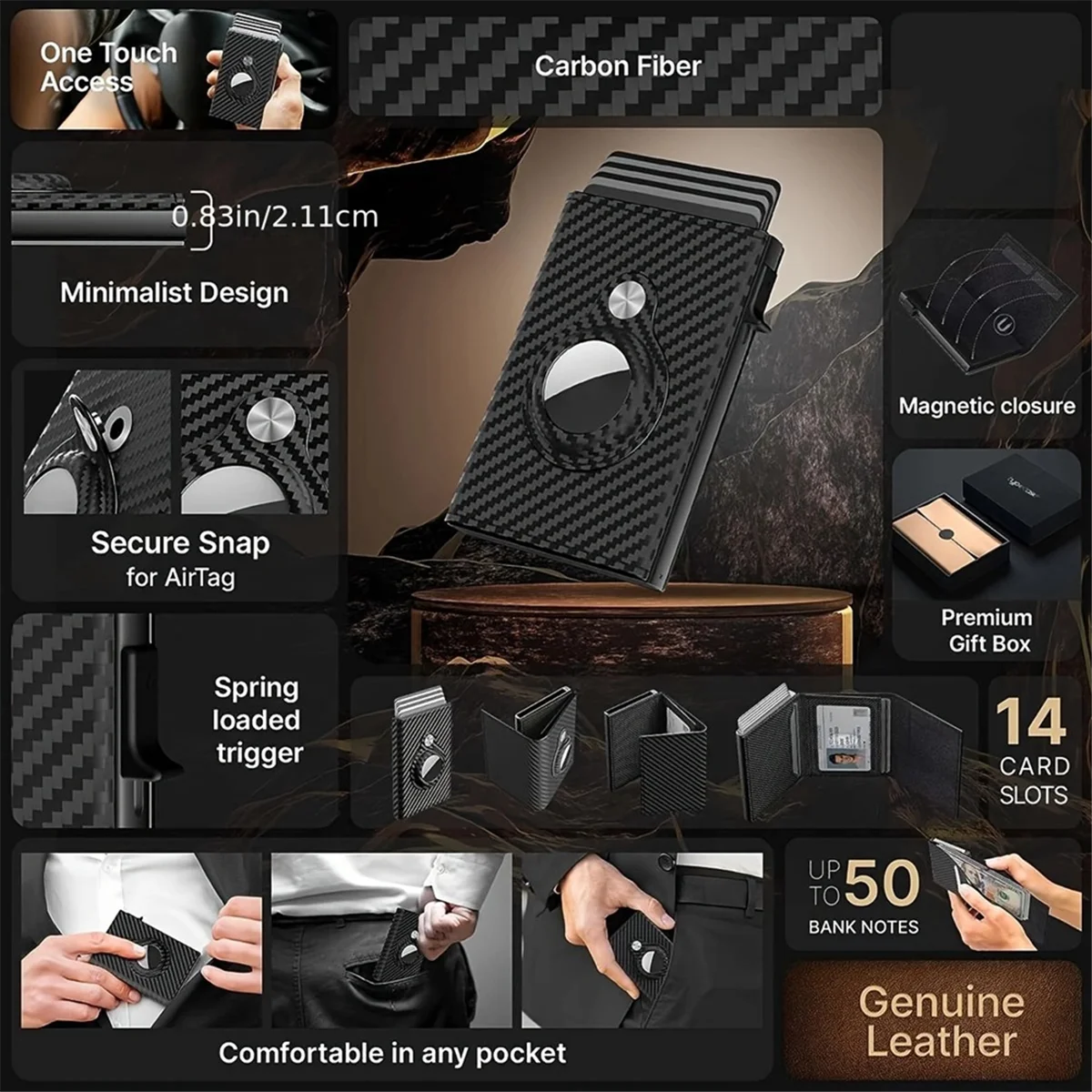 2025 New Mens Smart Wallet Card Holder for Slim, Carbon Fiber, Minimalist - 9-14 Card Capacity ID Window Cash Slot