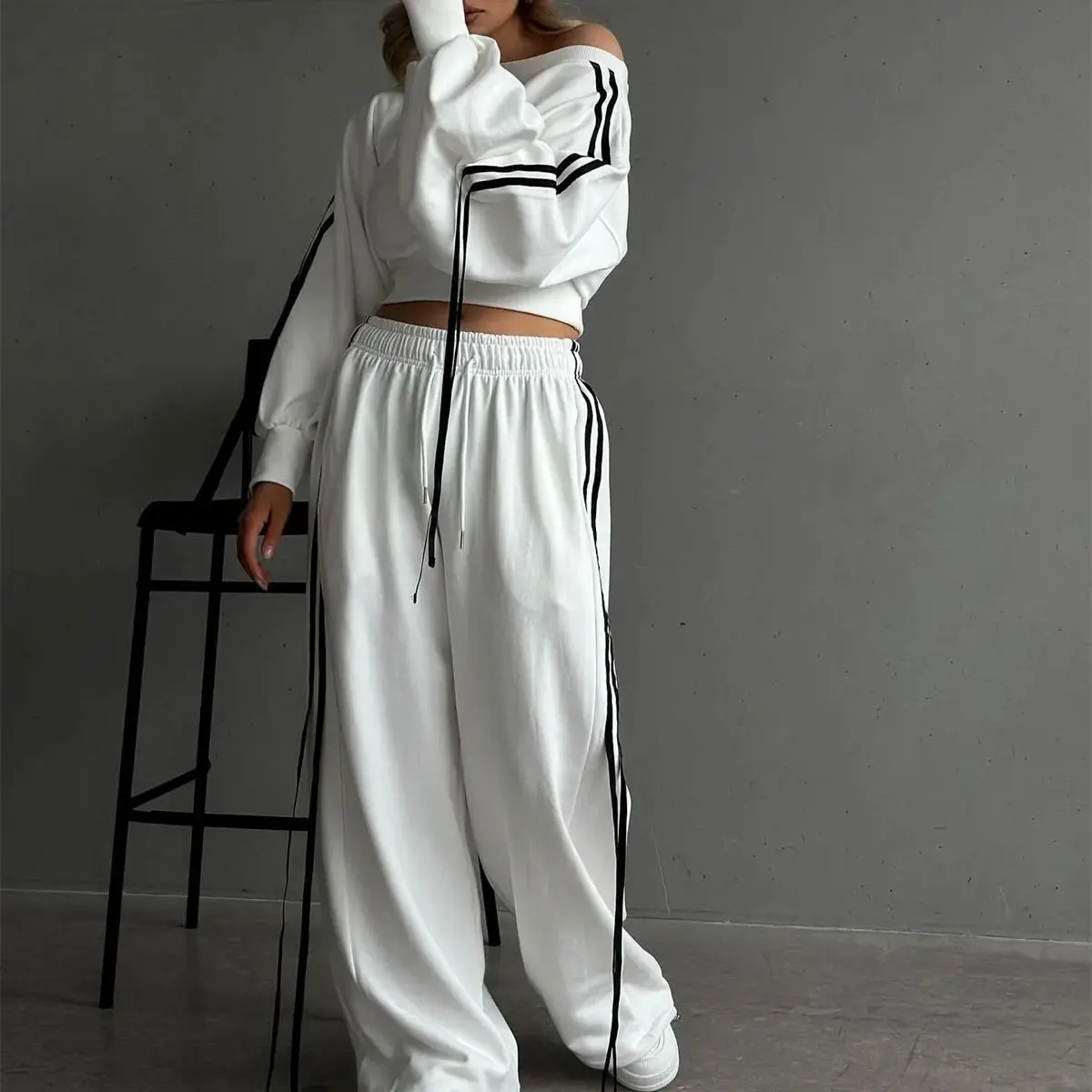 Fashion Patchwork Loose Pant Sets Women Long Sleeve Slash Neck Pullover Hoodie High Waisted Straight Trouser Hip Hop Casual Suit