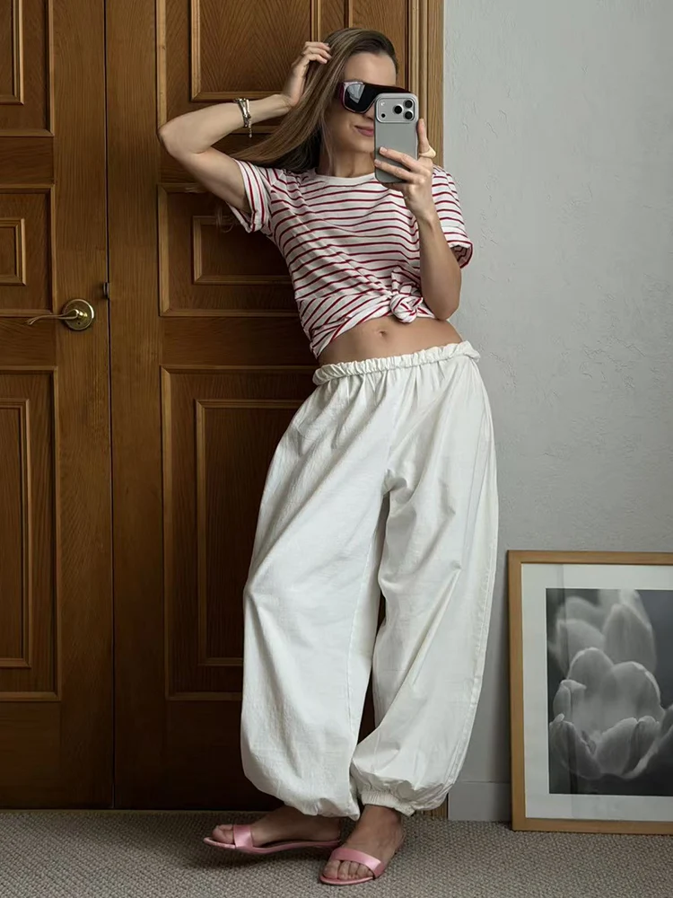 Wide Leg Red Pants For Women Cotton Long Bloomers White Autumn Elastic Waist Lantern Trousers Women Straight Practice Pants Lady