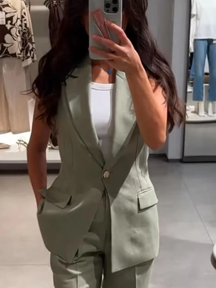 

HH Женский модный длинный топ без рукавов со смешанными лацканами на одной пуговице + повседневный прямой брючный костюм с высокой талией на молнии с боковым карманом