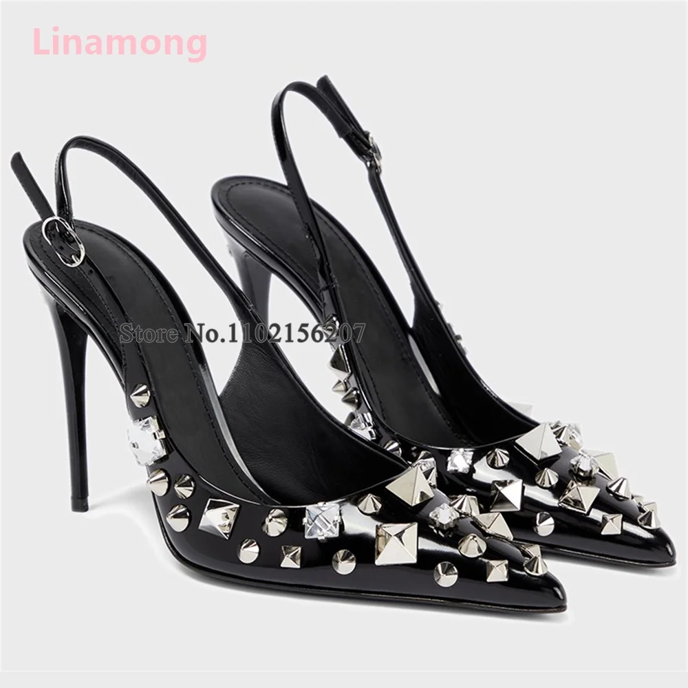 

Black Rivet Pointed Toe Luxury Pumps For Female Women Slingback Thin High Heel Buckle Strap Sexy Shallow Fashion Party Shoes