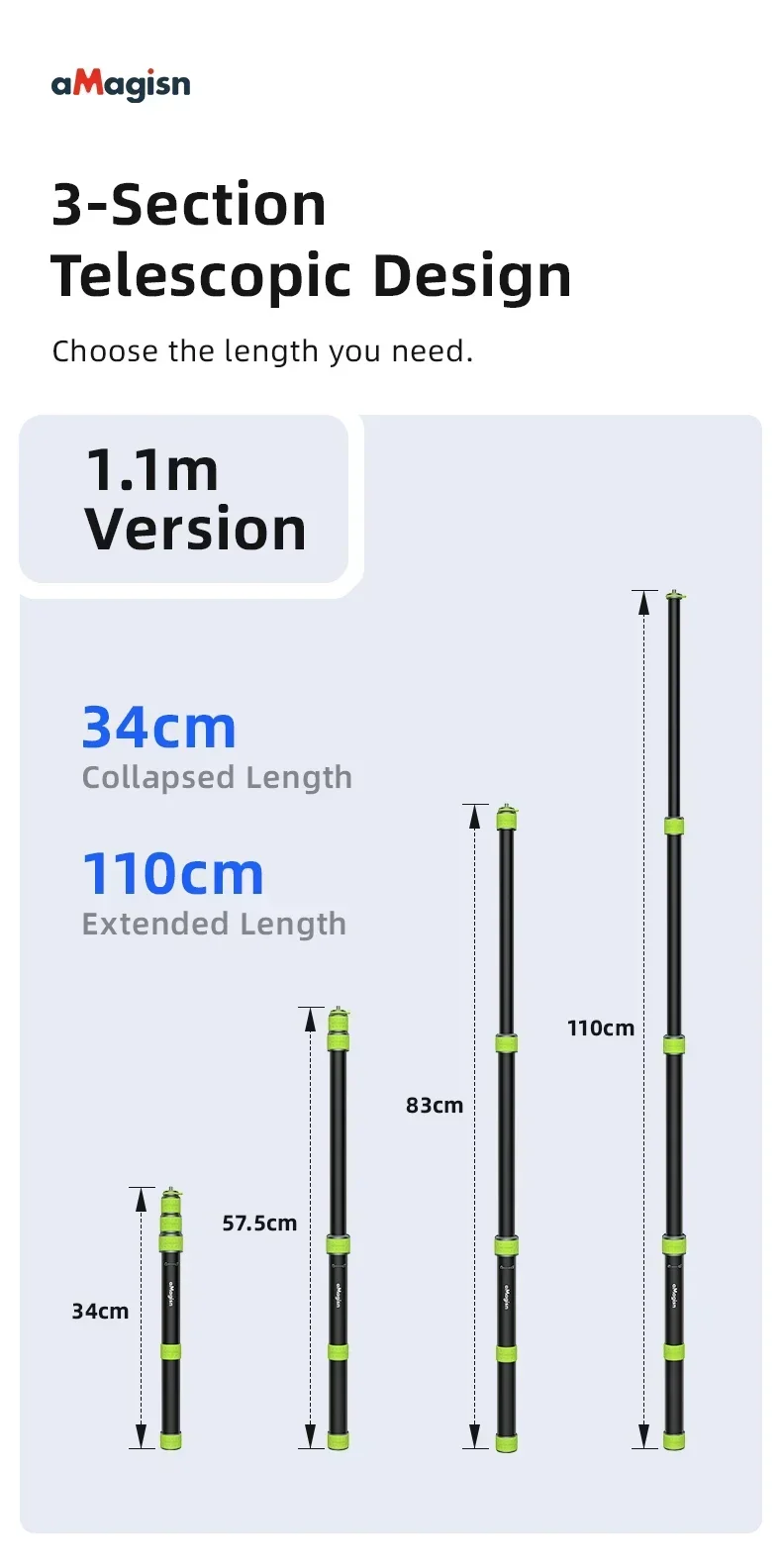 aMagisn 1,5 m (59,0 Zoll) / 1,1 m (43,3 Zoll) Motorrad-Selfie-Stick für GoPro DJI Insta360, 1/4 Zoll unsichtbare Teleskopstange – Detail 10