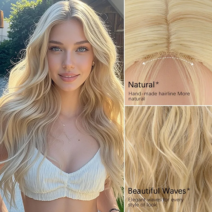 شعر مستعار طويل أشقر مموج للنساء البيض الجزء الأوسط شعر مستعار مموج مجعد 26 بوصة مظهر طبيعي مقاوم للحرارة شعر مستعار اصطناعي لـ Cosplay D #3