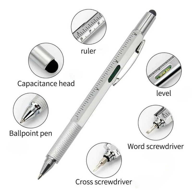 7-In-1 Multi Ballpoint Pen With Modern Handheld Tool Measure Technical Ruler Screwdriver Touch Screen Stylus Spirit Level Tools