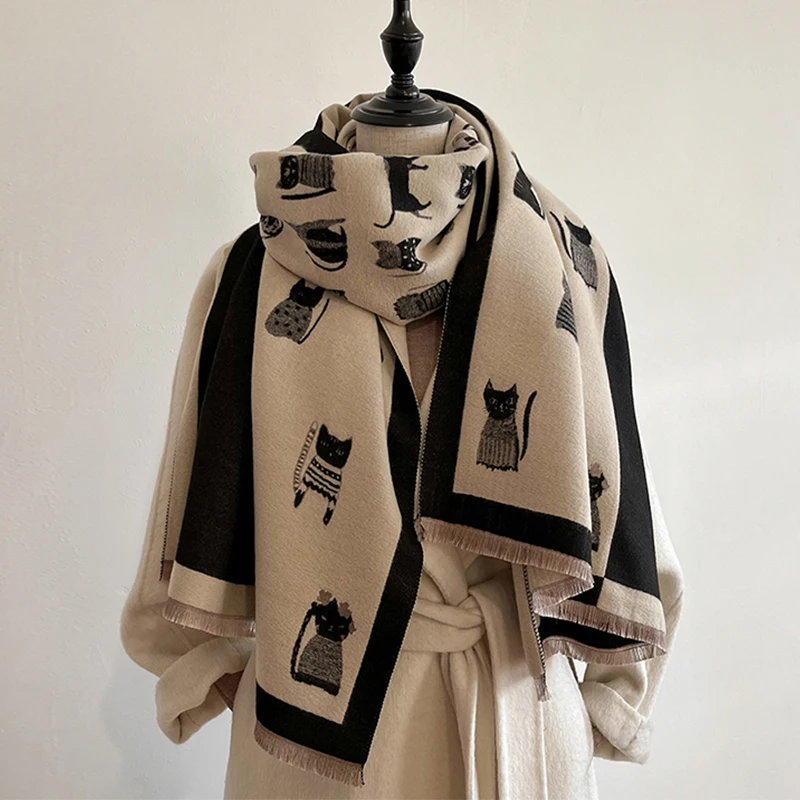 

Новый модный брендовый женский жаккардовый кашемировый шарф из пашмины с милым котом, зимняя толстая теплая шаль, морозостойкий ветрозащитный шарф-одеяло