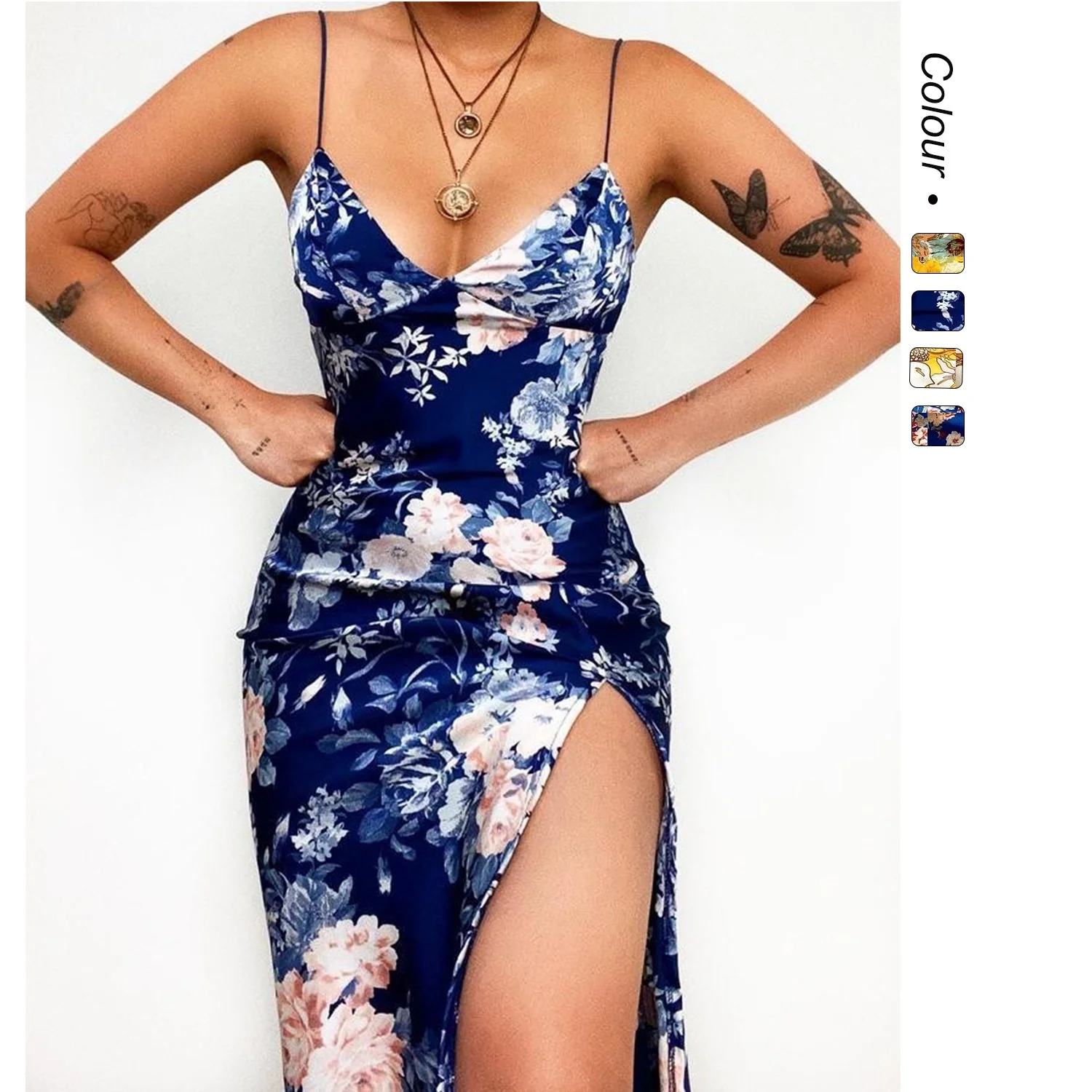 

Summer 2025 Sexy Floral Digital Print Slim Fit Strap Dr Cross-Border New Sle Knitted Polyester Fiber mid Waist Thiened