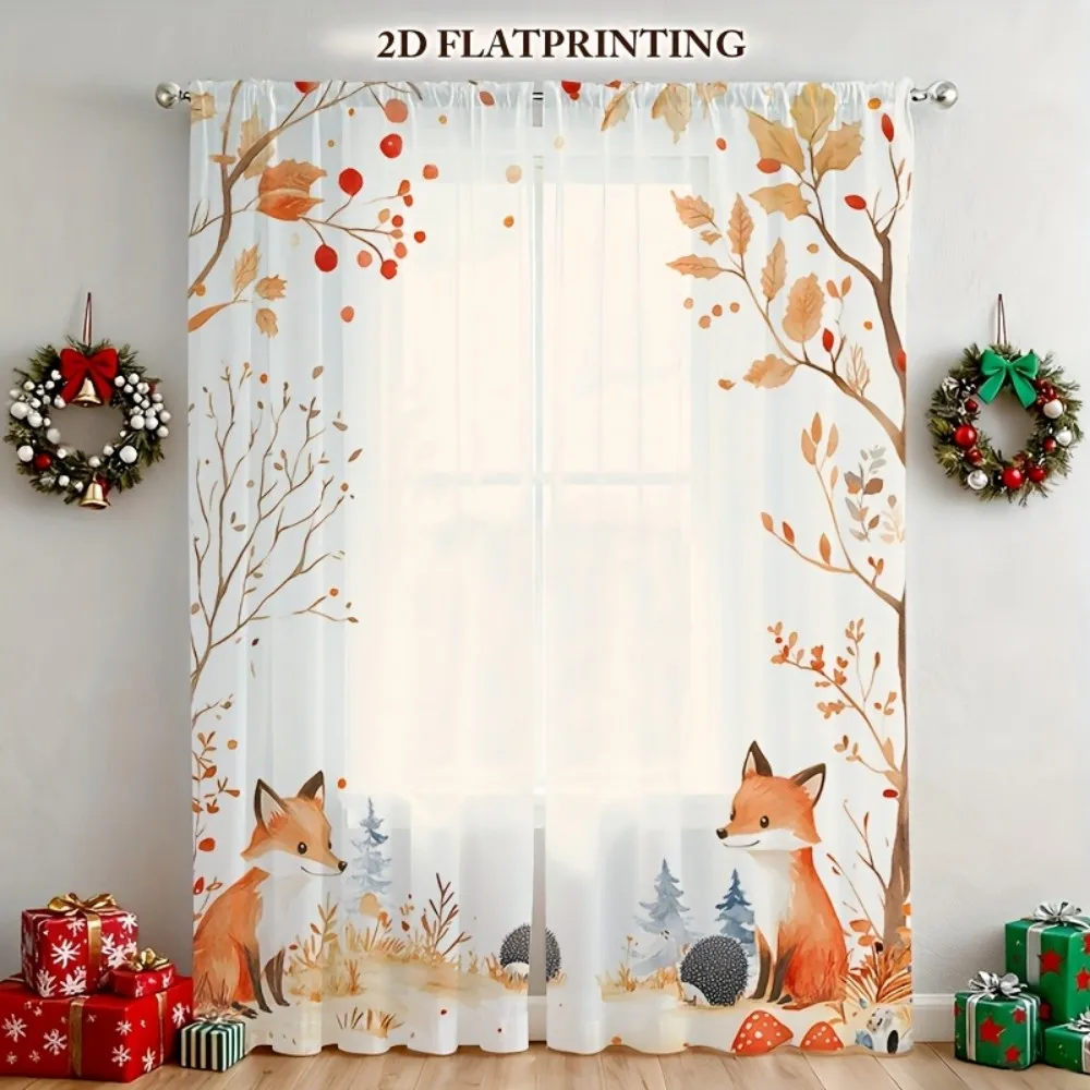 2PCS Thanksgiving Fall Sheer Curtains, Fox Hedgehog Forest, Digital Print, Bedroom Living Room, Rod Pocket Polyester, Home Decor