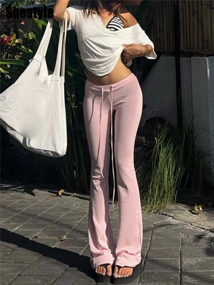 

Shestyle Pink Low Waist Flare Pants Women Dawstring Knitted Skinny Solid Plain Homewear Partywear Clothes High Street Slim