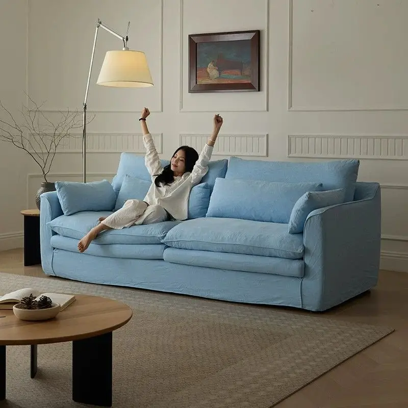 Embrace sofa wabi sand wind linen cotton and linen fabric can be fully disassembled and washed French super soft straight row