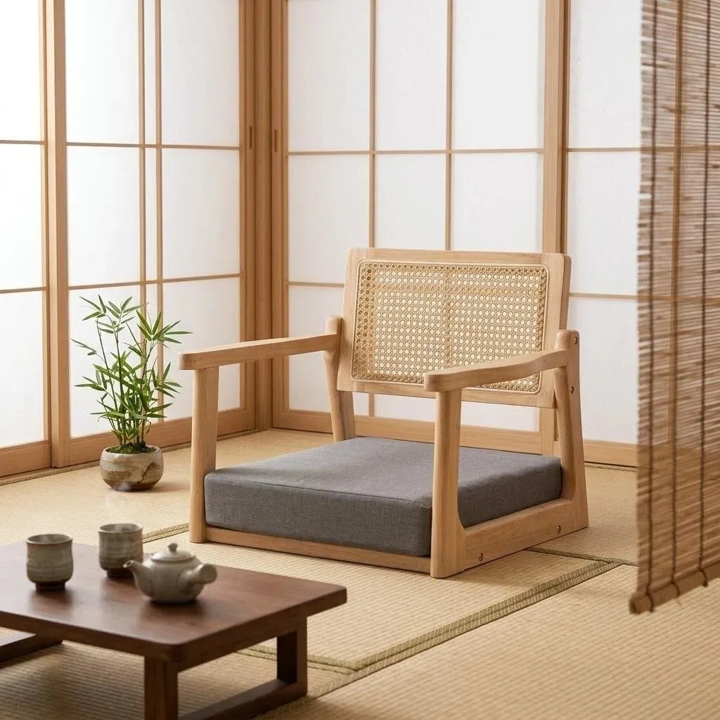 Premium Solid Wood Japanese Tatami Floor Chair Backrest Seat for Meditation, Reading & Bedroom – Compact Asian Style Armchair