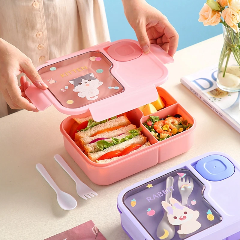 Bento Lunch Box For Kids Girls Cartoon Students Kawaii Cute Pony Heated 3 Grid Sandwich Snack Food Box Special Canteen Rabbit