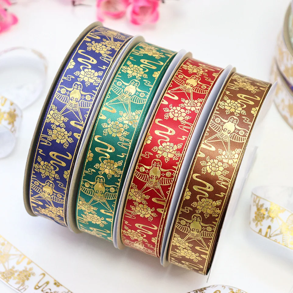 50Yards 25mm Hologram Cullet Gold Foil Kite Double Yama Satin Ribbon Spring Series