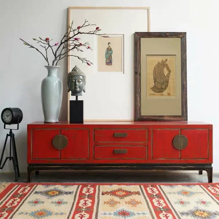 

New Chinese solid wood old TV cabinet antique red neoclassical retro low cabinet floor cabinet