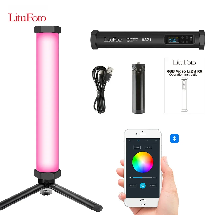 Litufoto R6 led video light wand support app remote control 3200K-7500K RGB fill light for make up photography shooting youtube