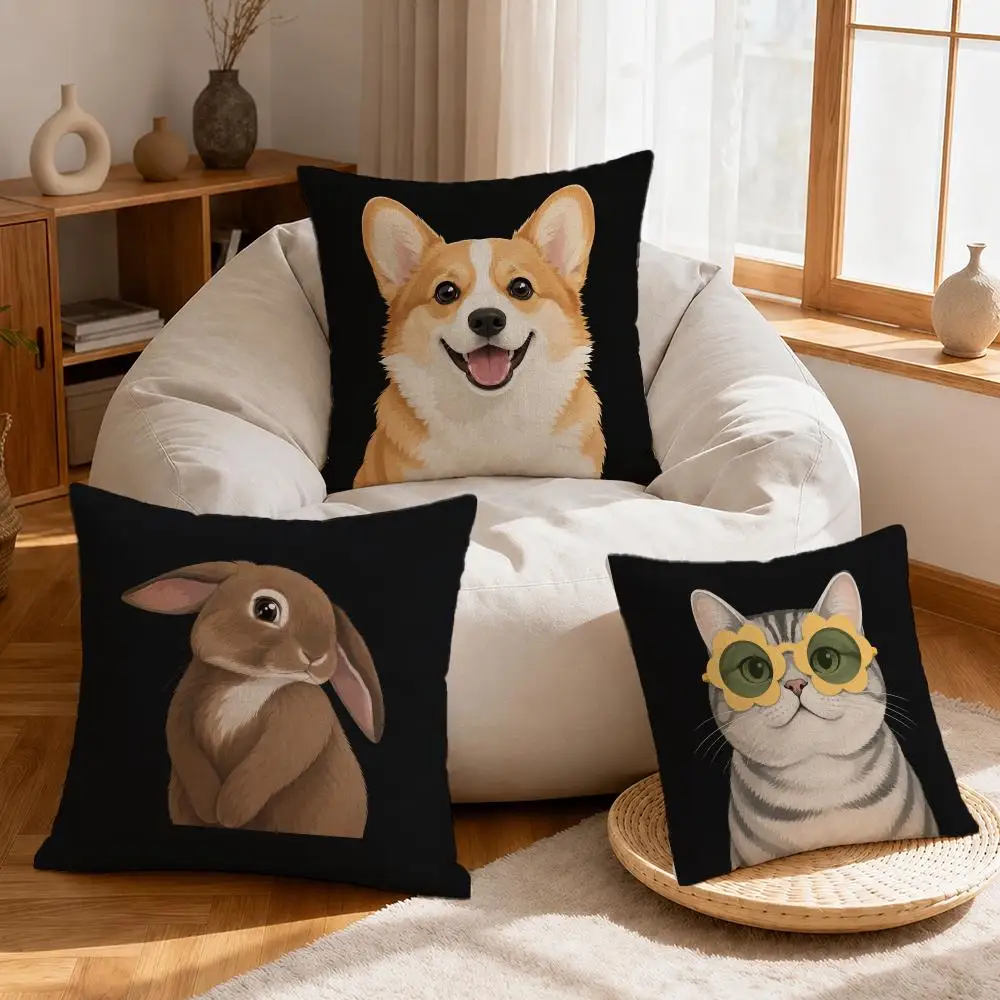 Art Funny Animals Cat Dog Rabbit Cushion Cover Linen Anti-Mite Antibacterial Cushion Cover Invisible Zipper Sofa Decor