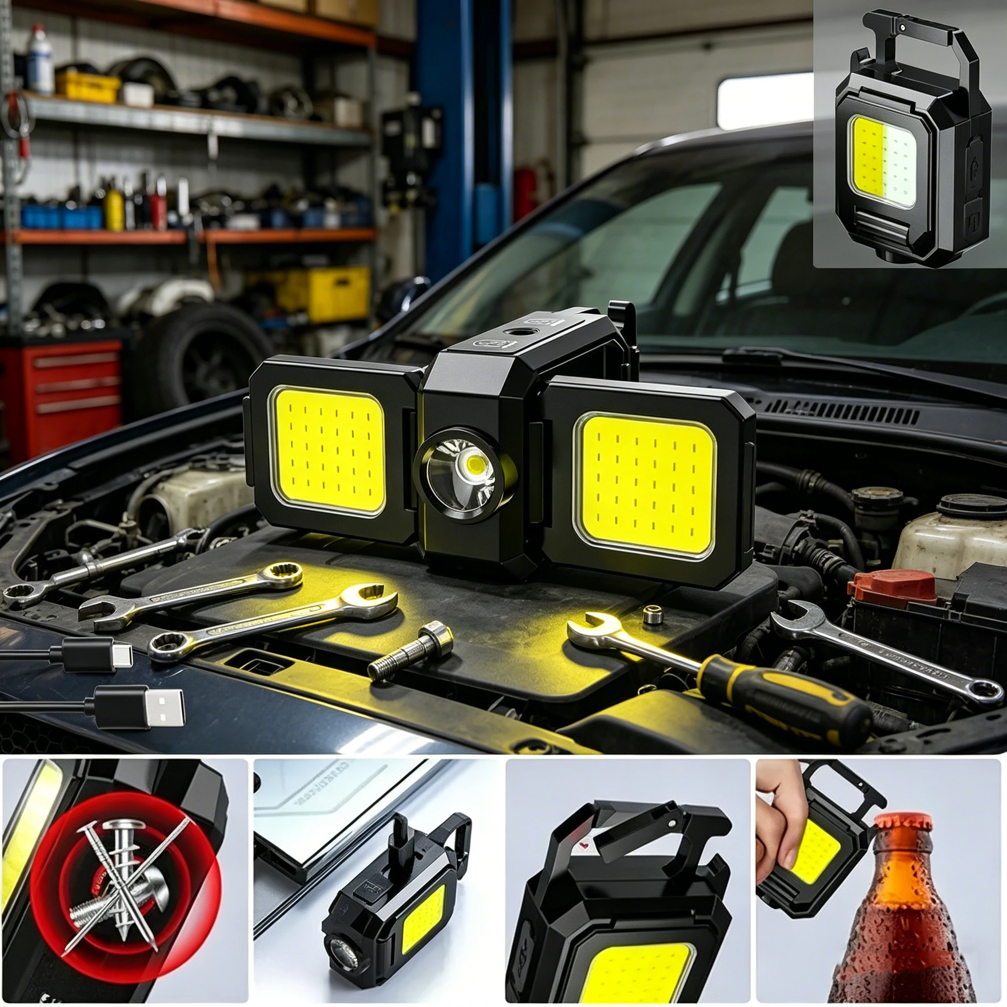 

COB Keychain Work Light with Dual Light Source 5Mode Rechargeable High Lumens Portable LED Light for Camping Hiking repair