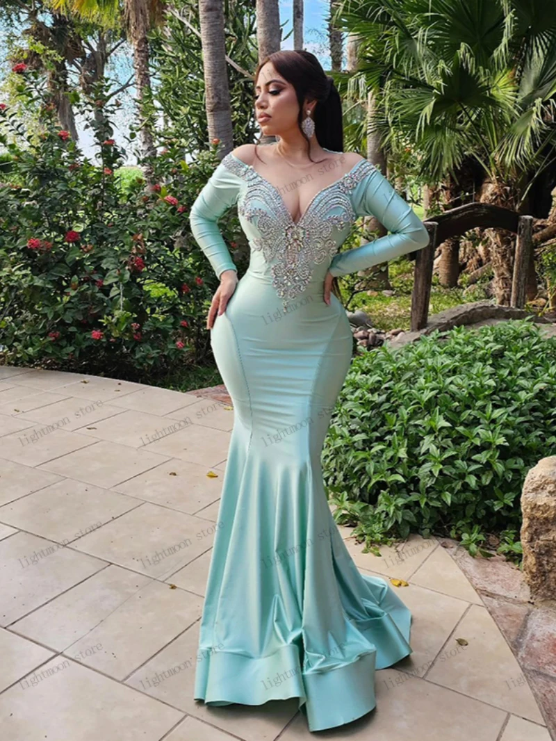 Glitter Evening Dresses Vintage Prom Dress Beading Appliques Full Sleeves Sheath Mermaid Backless Robes Vestidos De Gala 2024